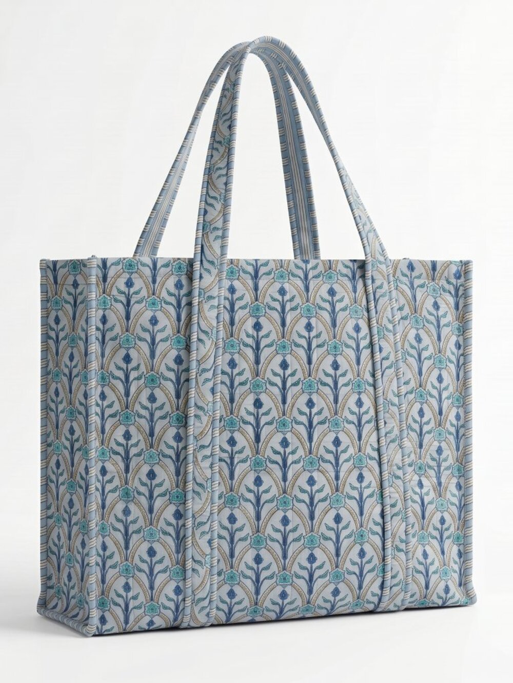 Floral Block Printed Tote Bag, Cotton Quilted Travel Bag, Eco Friendly Tote Bag
